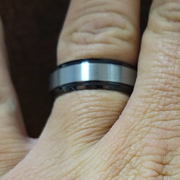 Men's Real Black and silver Tungsten Wedding Ring Black Inner Band Silver Outer - Picture 2 of 6